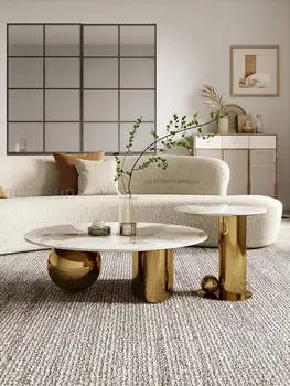 Минималистичный чайный столик в центре гостиной Золотисто-белый натуральный мрамор Шары с круглым верхом База Сталь Дизайнерский роскошный журнальный столик Набор