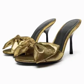 Мюли для женщин 2024 Женская обувь с узлом бабочки Тонкие каблуки Женские тапочки Резиновые шлепанцы Новый высокий гавайский круглый носок Рим