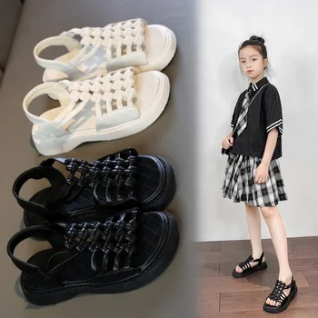 Новинка 2022 года Дети Летние сандалии для девочек Принцесса Обувь Детская мода Вырезы Плетение Пляжная обувь Детская противоскользящая обувь на плоской подошве 3-12 лет