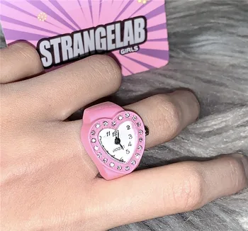 Новое мини-кольцо для часов Harajuku Pink Heart Rhinestone Mountain для женщин Веселое Милое Сладкий Тренд Девчонка Y2K Кольцо Винтаж Эстетика Ювелирные изделия Подарок