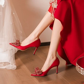 Однотонные туфли на шпильке на высоком каблуке для женщин весна и осень 2023 г. Новая мода Стиль Бант Узел Удобная обувь с мелким кроем