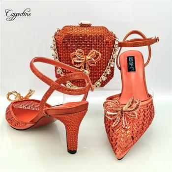оранжевый женская обувь и сумка набор роскошных туфель на высоком каблуке в сочетании с сумочкой клатч женские сандалии кошелек escarpins Femme QSL068