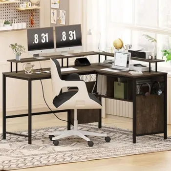 Рабочая офисная мебель L-образный компьютерный стол с местом для хранения Столы для домашнего офиса с розетками и светодиодной подсветкой Письменный стол для учебы