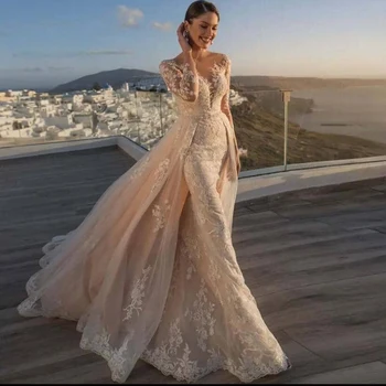 Роскошное свадебное платье для невесты 2023 Съемный шлейф с длинным рукавом V-образным вырезом Кружевные аппликации Формальный элегантный случай Vestido