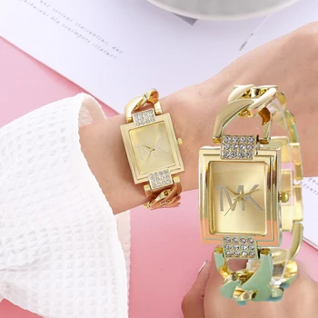  Роскошные TVK Совершенно новые женские часы Модные темперамент Стиль Металлический ремешок Квадратные кварцевые женские часы Золотые часы