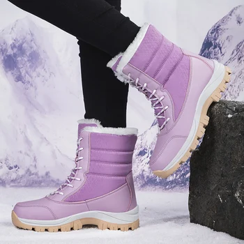 Роскошные спортивные походные ботинки для женщин Мех внутри Девочки Фиолетовые Розовые Горные Треккинговые Кроссовки Согревают Леди Снегоступы Прогулки