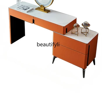  Светлый роскошный туалетный столик из седловой кожи с каменной пластиной Современный минималистичный стол для хранения в спальне Выдвижной стол для макияжа Комбинация