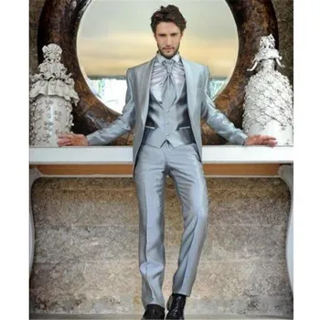 Серебряная атласная шаль с лацканом пиджака брюки свадебные костюмы наборы для мужчин 3 шт. Пиджак + брюки + жилет + галстук вечеринка носить на заказ мужская одежда