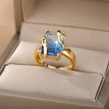 синий кубический циркон камень кольцо для женщин нержавеющая сталь кольцо квадратная геометрия на палец кольцо для вечеринки аксессуары ювелирные изделия Bijoux Femme
