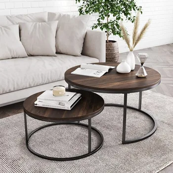Современный кофейный набор Nesting из 2 штук, штабелируемые акцентные столы для гостиной с промышленной деревянной отделкой и металлическим каркасом с порошковым покрытием