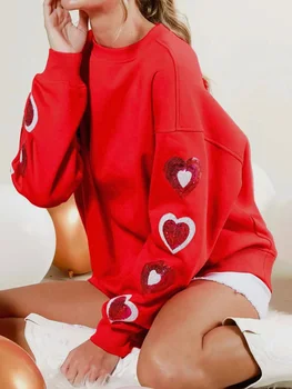 Толстовка ко Дню святого Валентина для женщин Забавные Любовь Сердце Графический Пуловер Топы Блестящие С Длинным Рукавом Рубашка С Круглым Вырезом Топы