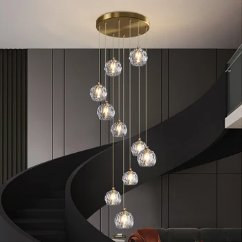 Цельномедная лестница длинная люстра современная минималистичная дуплекс вилла лофт квартира винтовая лестница свет роскошная хрустальная лампа
