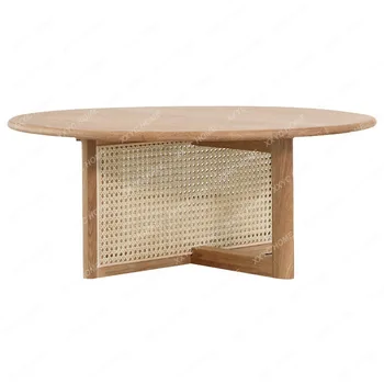 Чайный столик из ротанга Бытовой минималистичный круглый журнальный столик Дизайнерский чайный столик из массива дерева