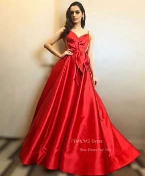 Элегантные длинные красные атласные выпускные платья V-образным вырезом A-образного силуэта спагетти на бретелях плиссированные платья до пола для вечернего случая для женщин